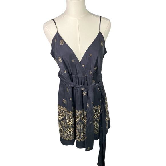 Banana Republic Silk Mini Dress 12 Navy Gold Belted Boho Elegant Cocktail Date - Picture 1 of 16